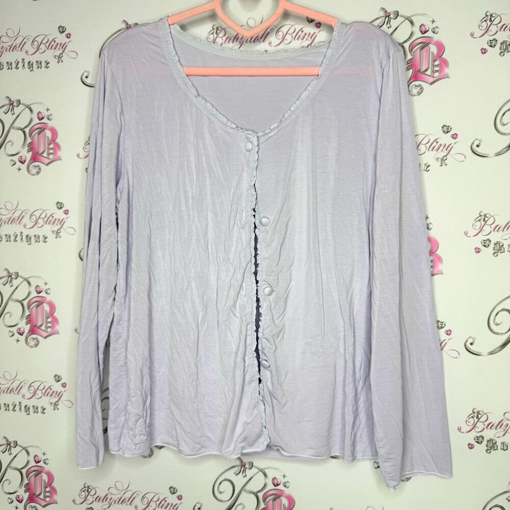 Cardigan lilac long sleeve button up ruffle frilly hem trim soft cozy comfy cute